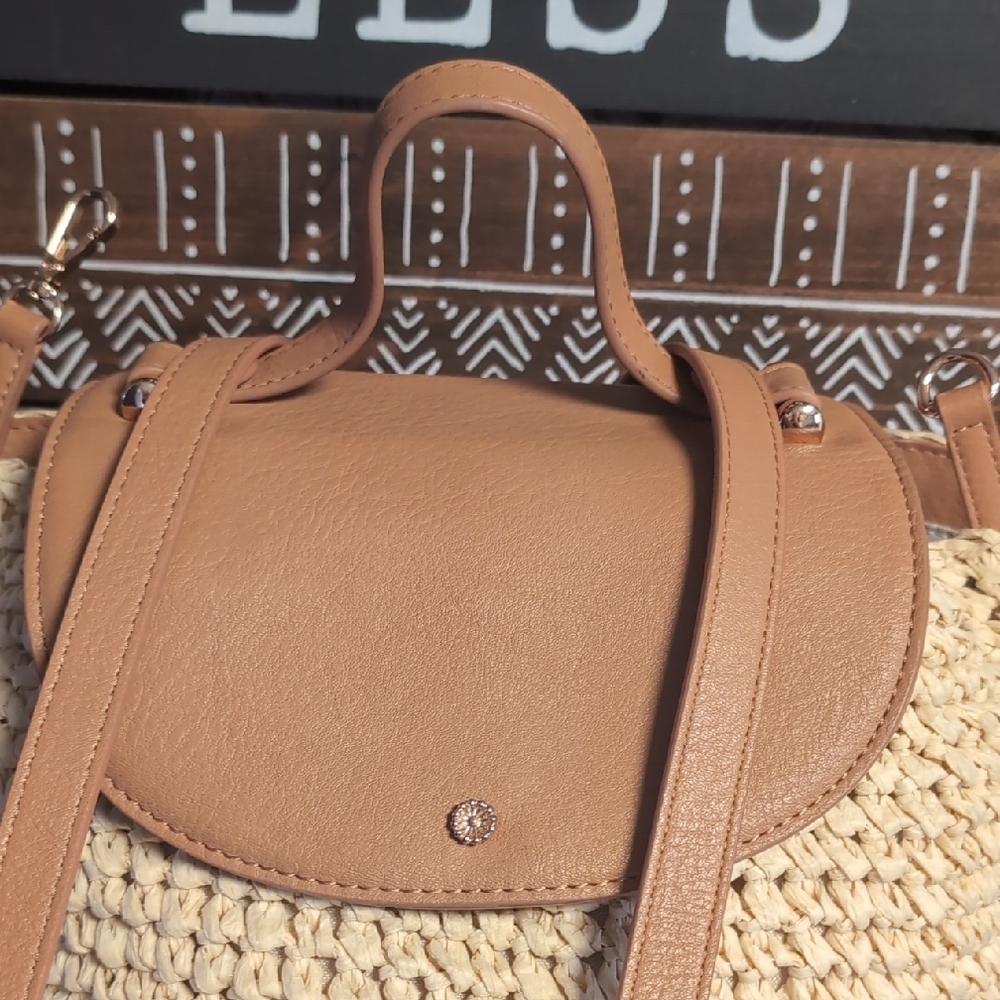 Top Handle Woven Backpack In Camel & Cashew With Rose Gold Details By LC - Picture 8 of 15